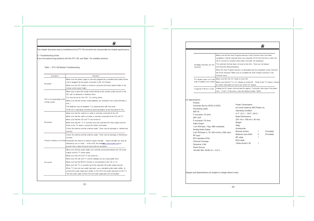 COBY electronic DTV-102 specifications Reference 