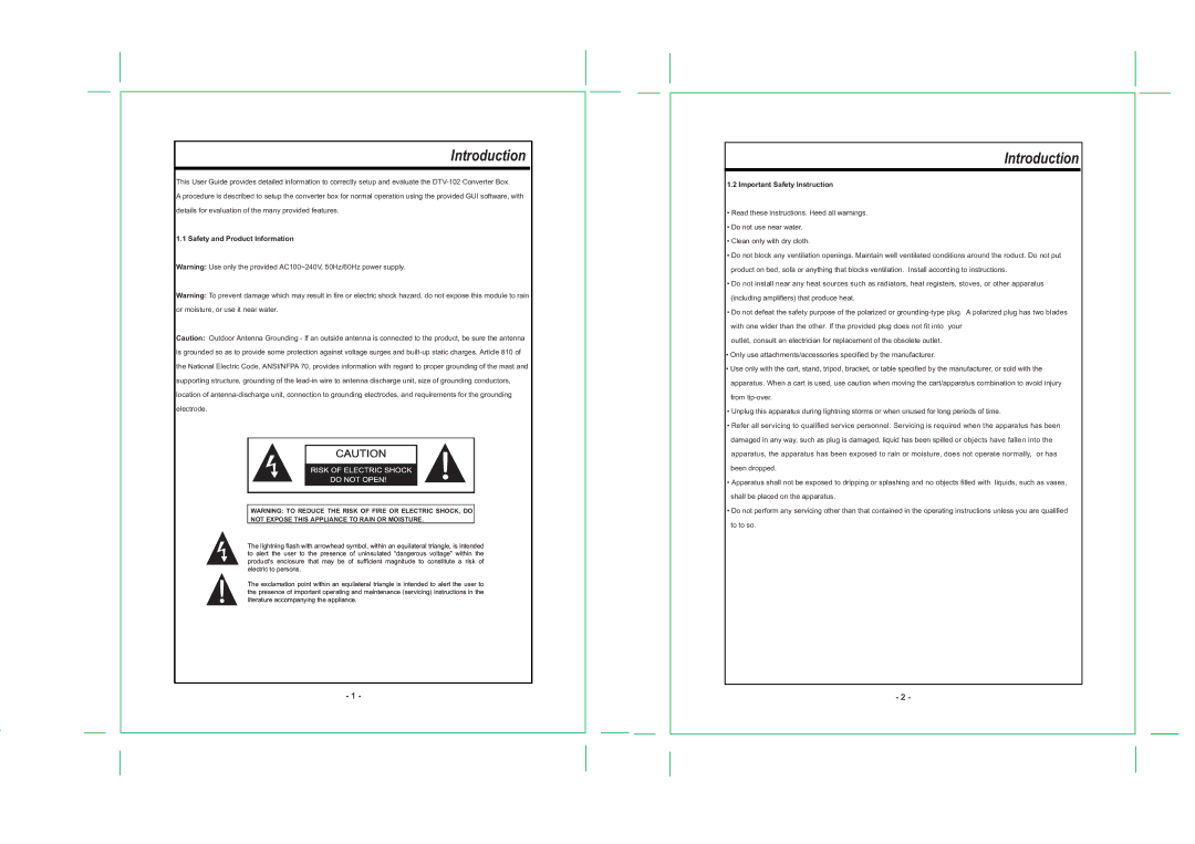 COBY electronic DTV-102 specifications Introduction, Safety and Product Information, Important Safety Instruction 