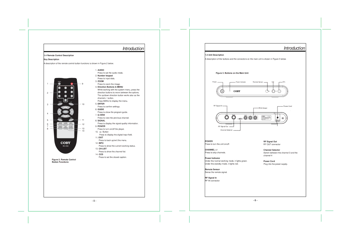 COBY electronic DTV-102 Remote Control Description Key Description, Unit Description, Number keypad Press to input data 