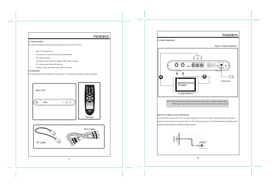 COBY electronic DTV-102 specifications Installation, Setup Checklist, Unpacking, Cabel Connections 