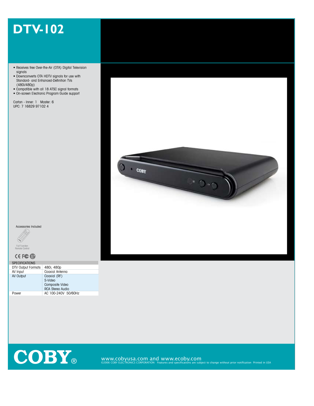 COBY electronic DTV102 specifications Coby, DTV-102 ATSC STANDARD-DEFINITION CONVERTER BOX 