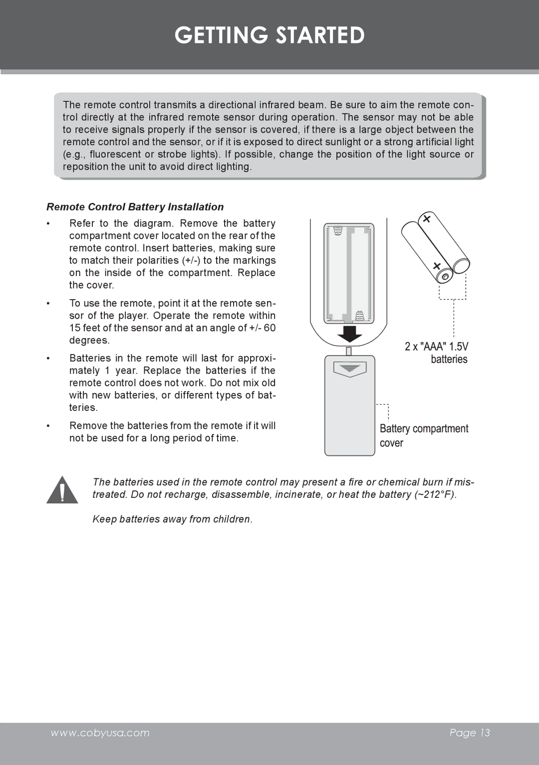 COBY electronic DVD-283 instruction manual Remote Control Battery Installation 