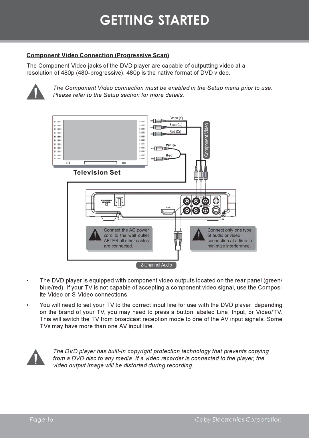 COBY electronic DVD-283 instruction manual Component Video Connection Progressive Scan 