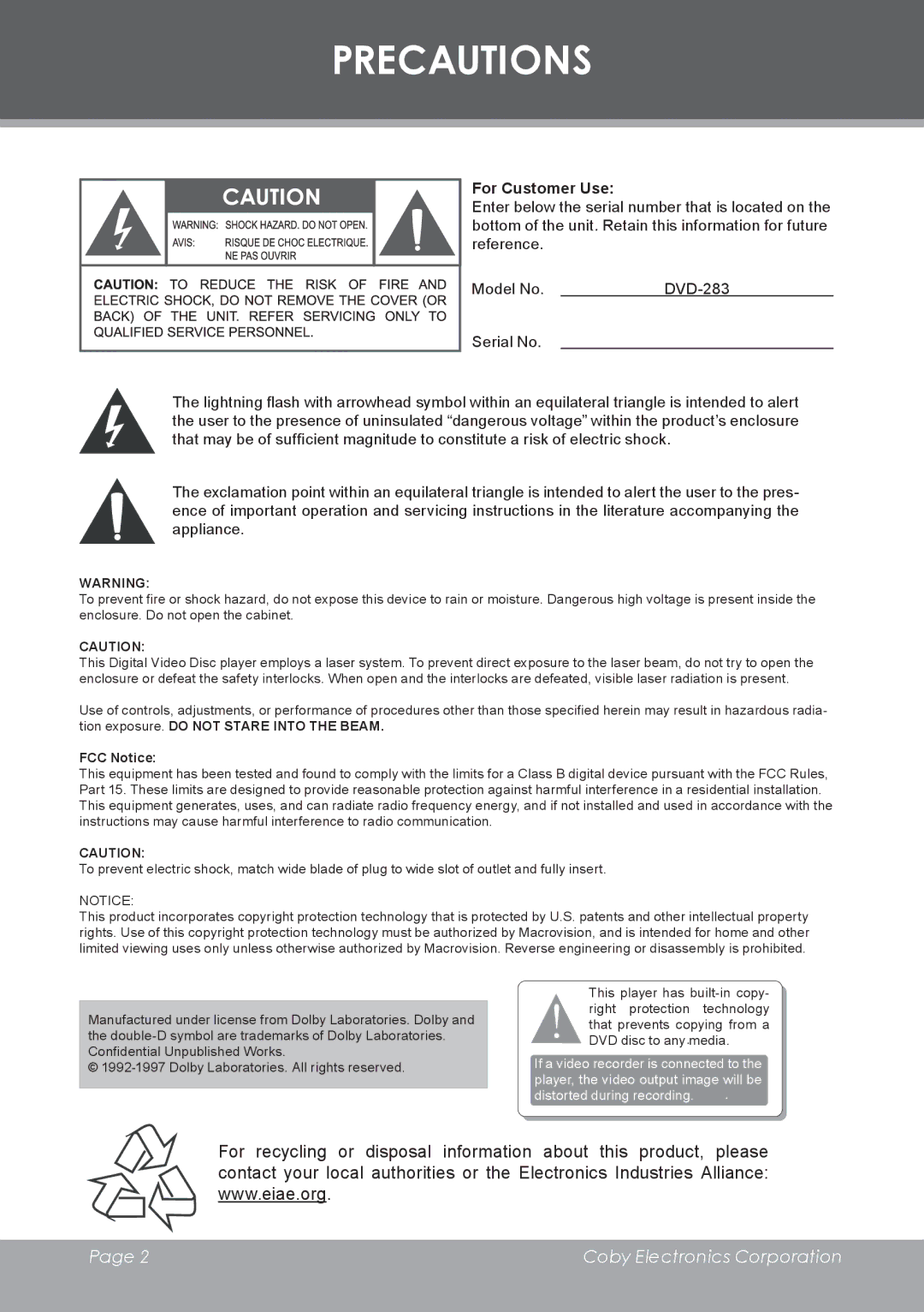 COBY electronic DVD-283 instruction manual Precautions, For Customer Use 