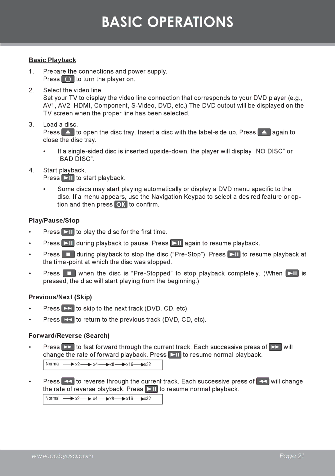 COBY electronic DVD-283 Basic Operations, Basic Playback, Play/Pause/Stop, Previous/Next Skip, Forward/Reverse Search 