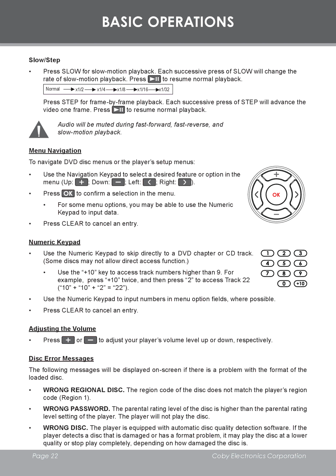 COBY electronic DVD-283 Slow/Step, Menu Navigation, Numeric Keypad, Adjusting the Volume, Disc Error Messages 