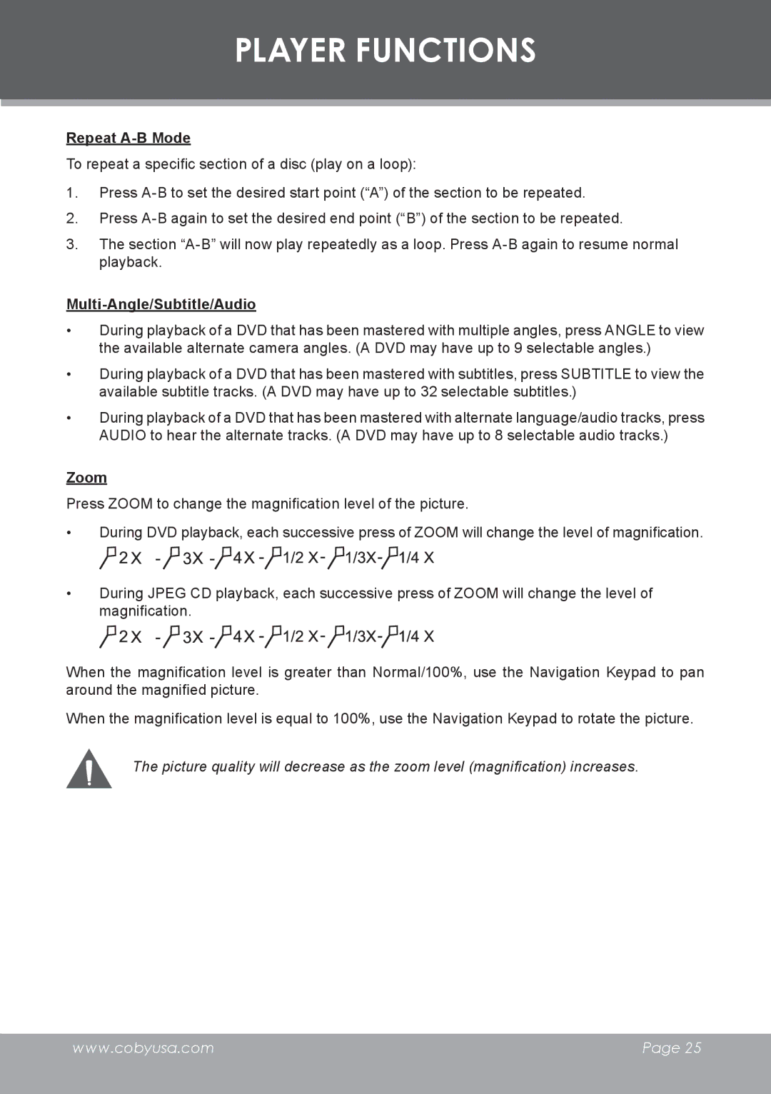 COBY electronic DVD-283 instruction manual Repeat A-B Mode, Multi-Angle/Subtitle/Audio, Zoom 