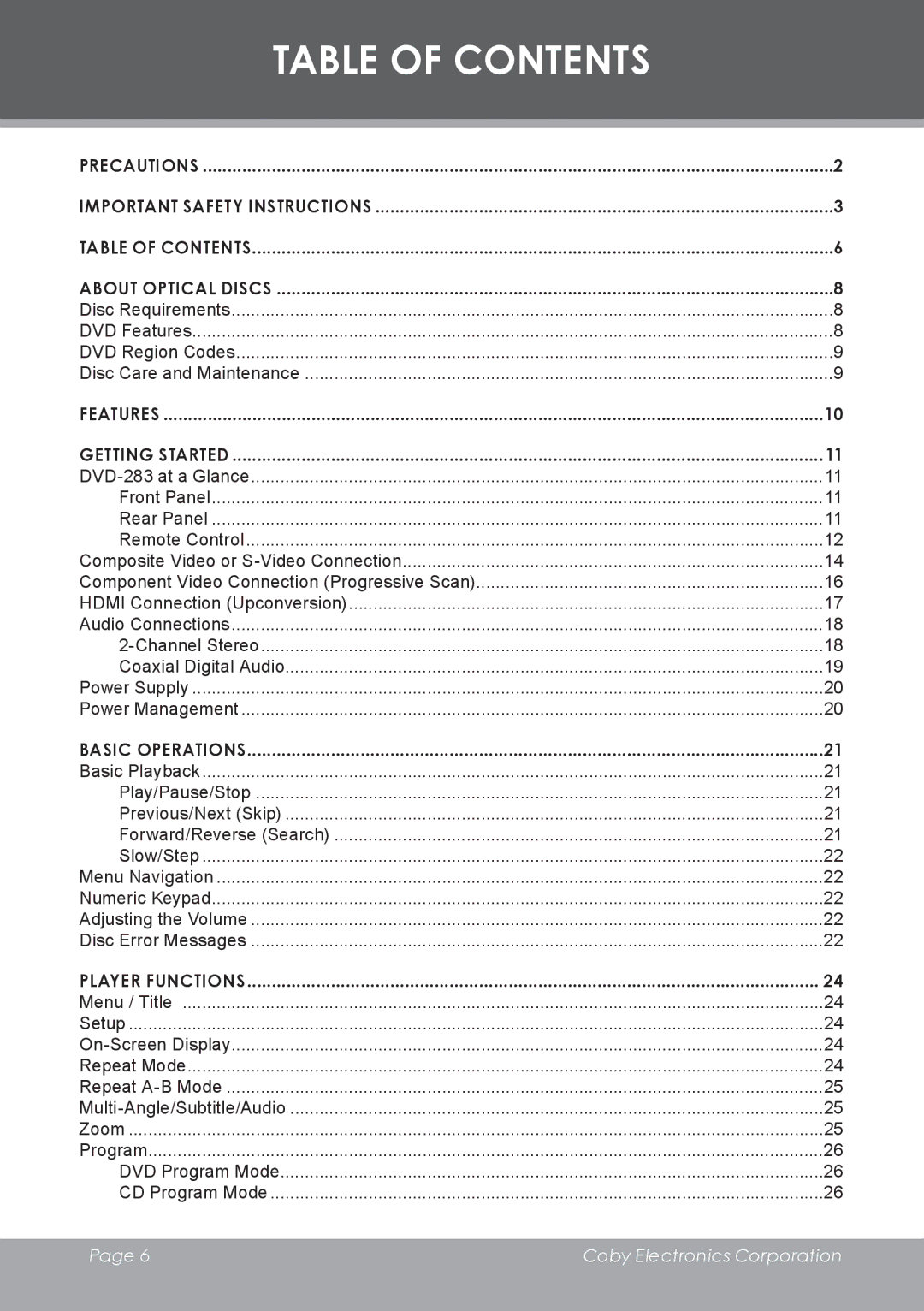 COBY electronic DVD-283 instruction manual Table of Contents 