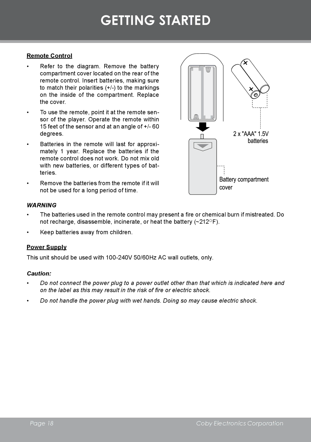 COBY electronic DVD-298 instruction manual Getting Started, Power Supply 