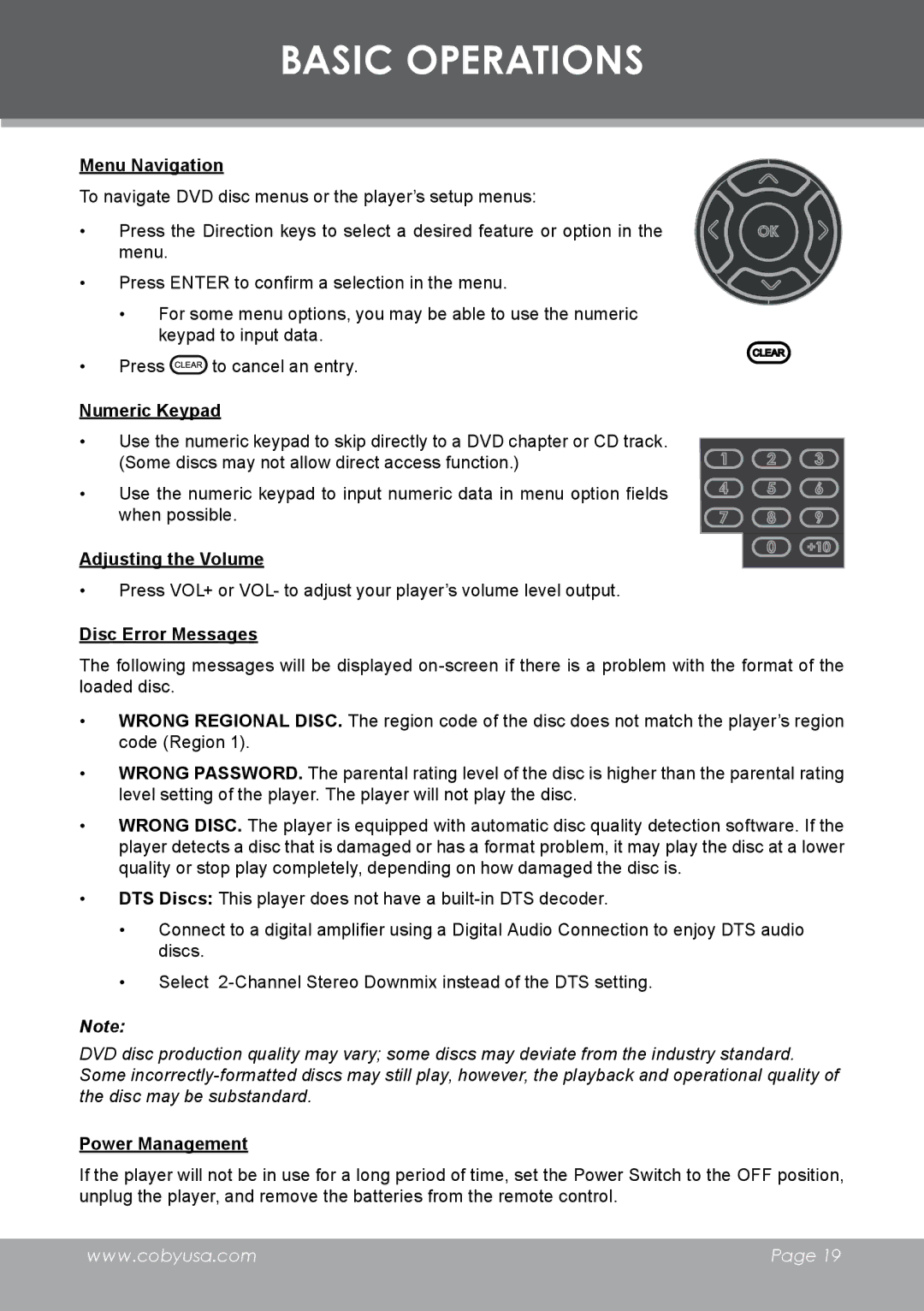 COBY electronic DVD-298 instruction manual Basic Operations 