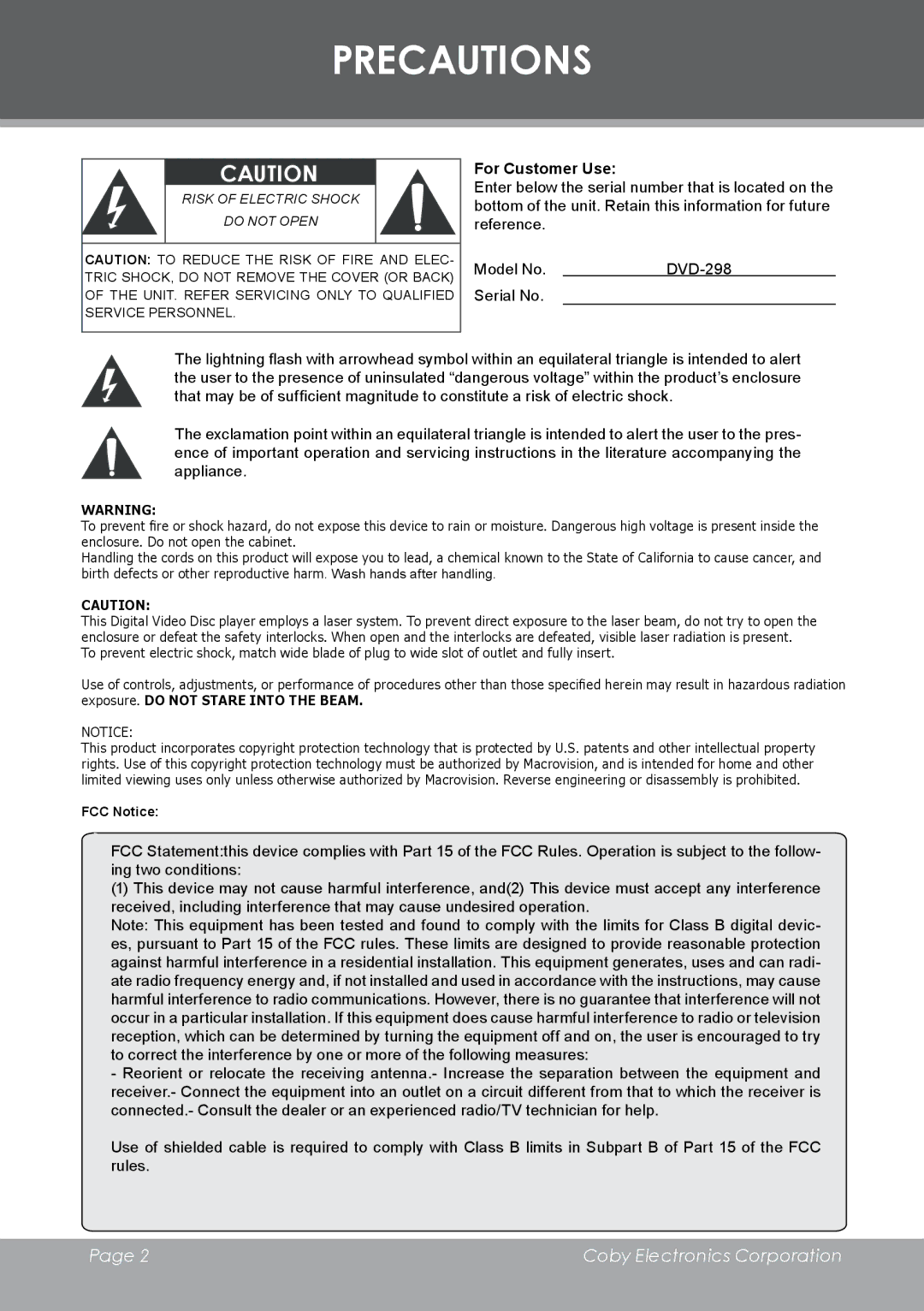 COBY electronic DVD-298 instruction manual Precautions, For Customer Use 