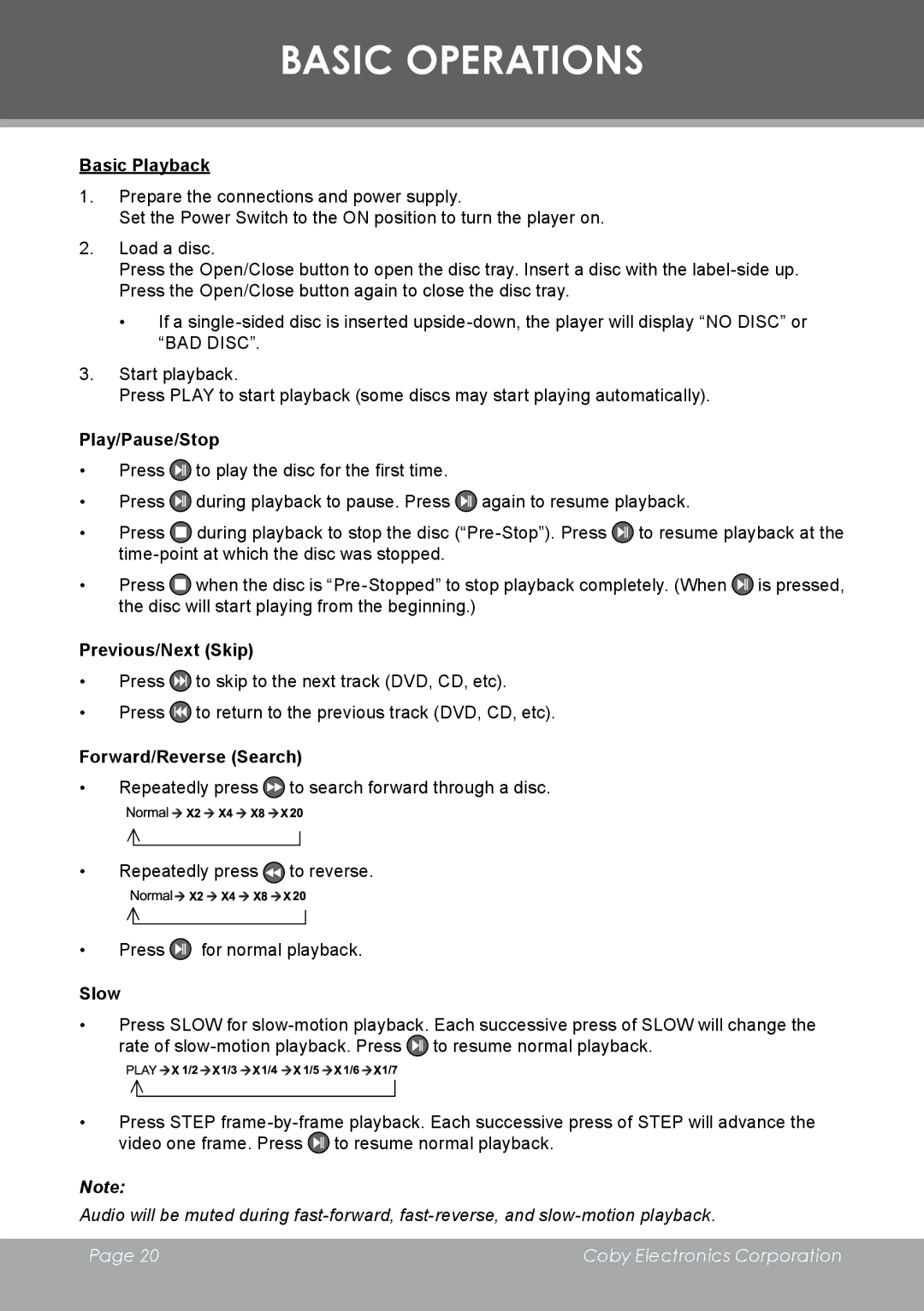 COBY electronic DVD-298 Basic Playback, Play/Pause/Stop, Previous/Next Skip, Forward/Reverse Search, Slow 