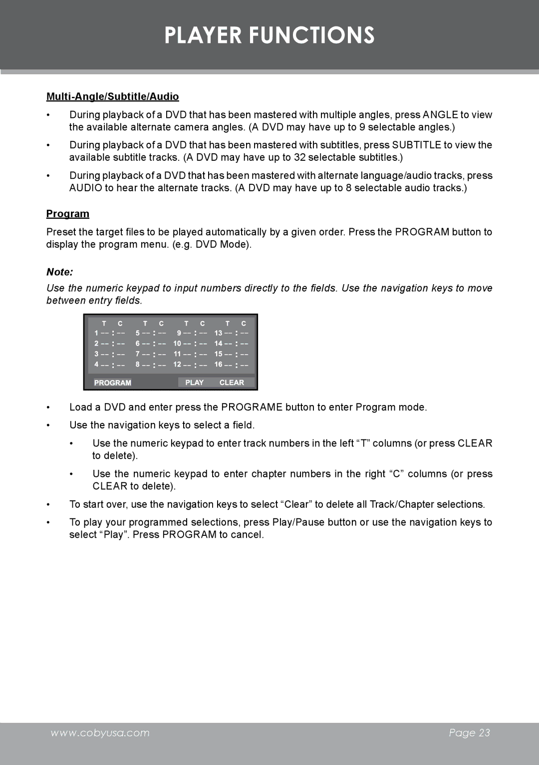 COBY electronic DVD-298 instruction manual Multi-Angle/Subtitle/Audio, Program 