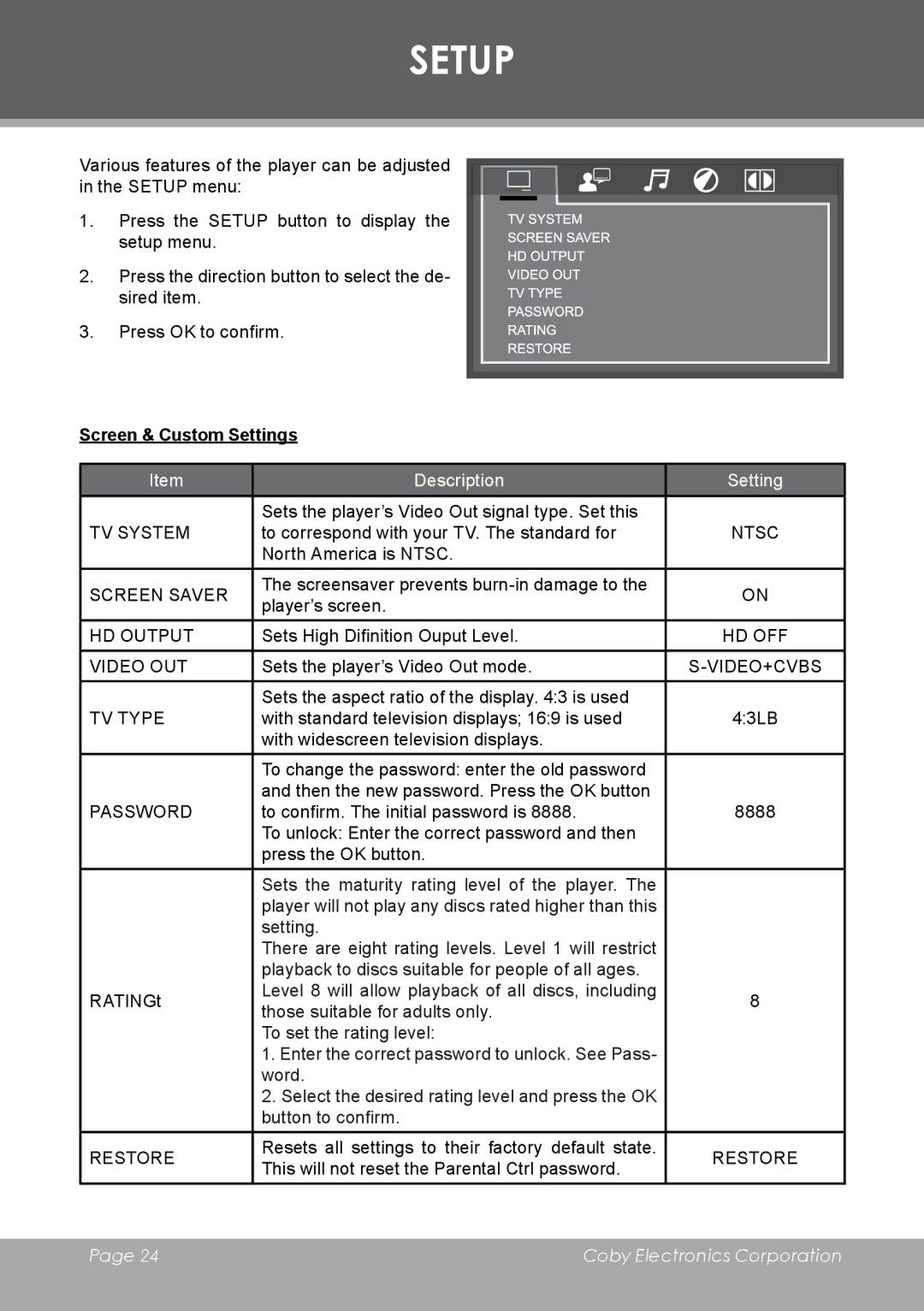 COBY electronic DVD-298 instruction manual Setup, Screen & Custom Settings 