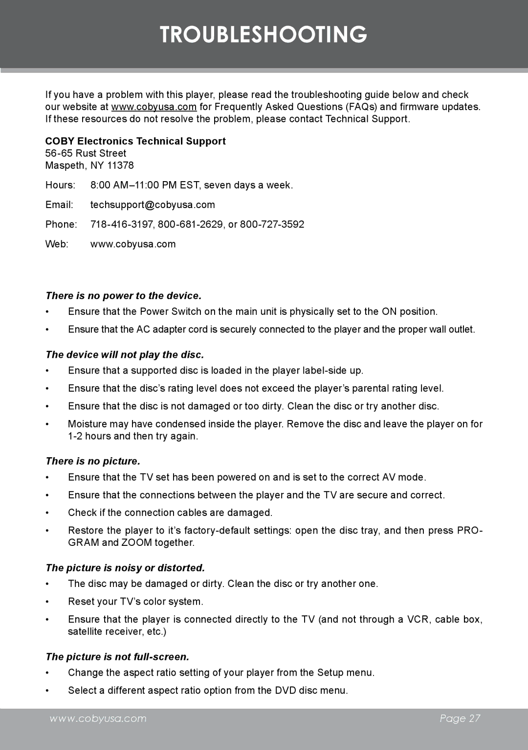 COBY electronic DVD-298 instruction manual Troubleshooting, Coby Electronics Technical Support 