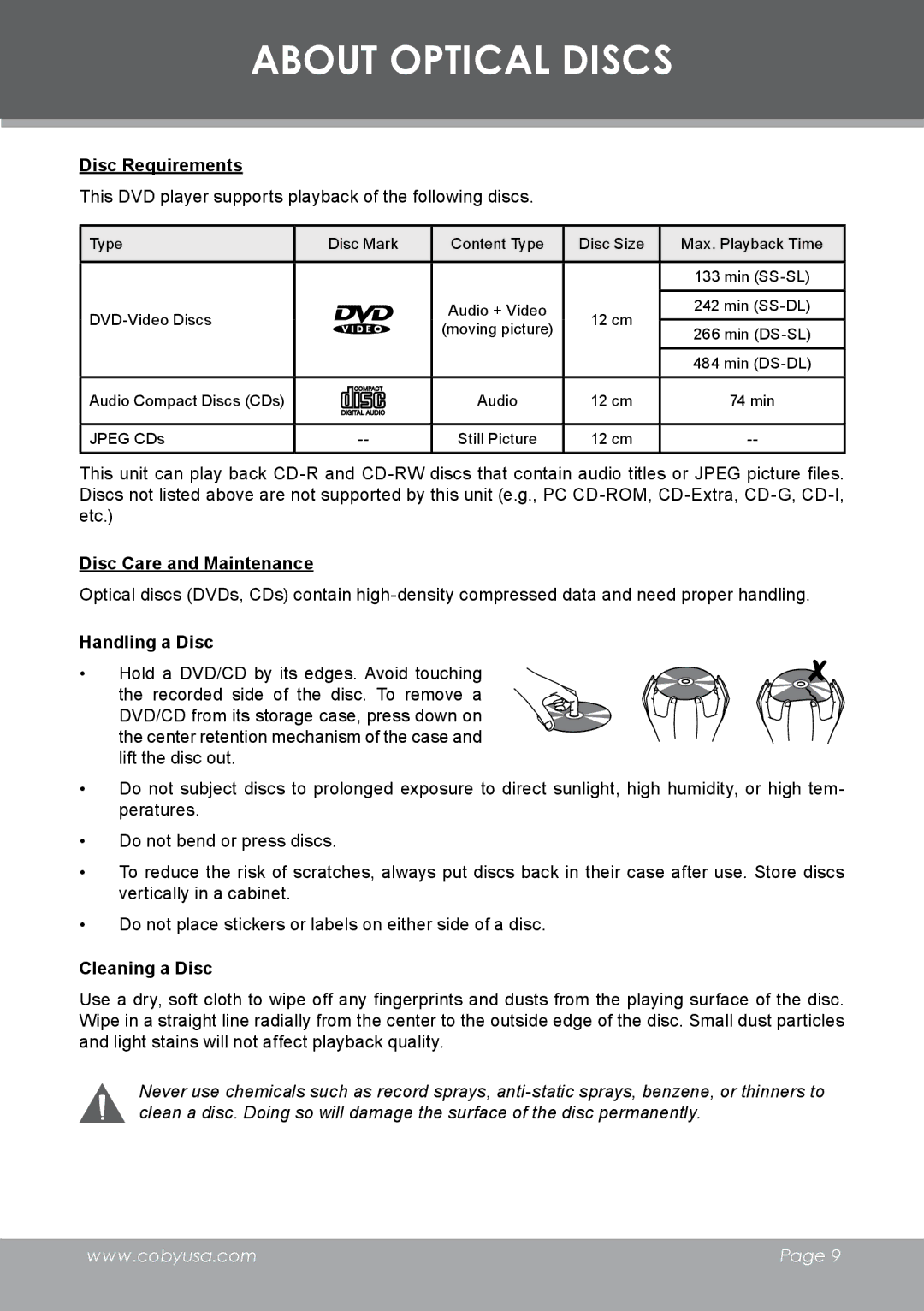 COBY electronic DVD-298 About Optical Discs, Disc Requirements, Disc Care and Maintenance, Handling a Disc 