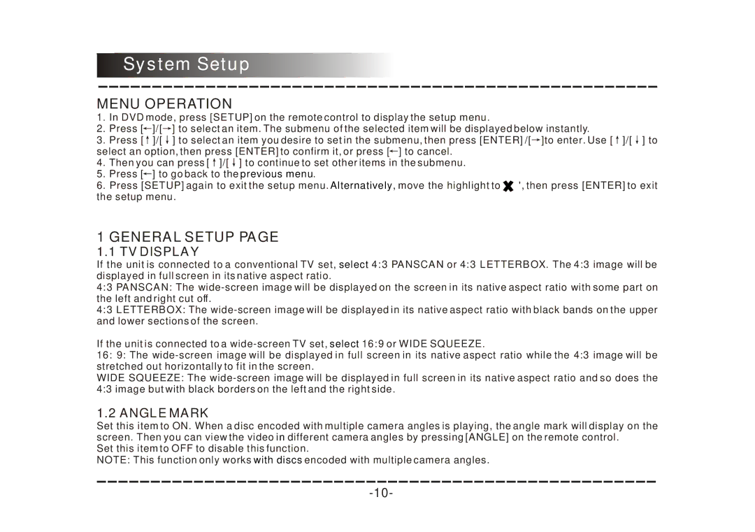 COBY electronic DVD-468 instruction manual System Setup, Menu Operation, General Setup, TV Display, Angle Mark 