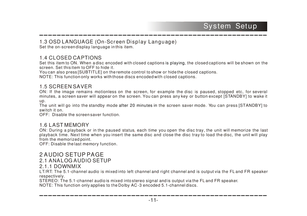 COBY electronic DVD-468 instruction manual Closed Captions, Screen Saver, Last Memory, Analog Audio Setup Downmix 