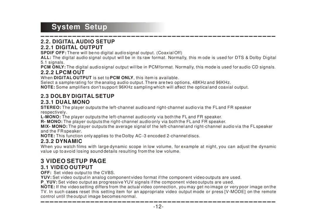 COBY electronic DVD-468 Video Setup, Digital Audio Setup 2.2.1 Digital Output, Dolby Digital Setup 2.3.1 Dual Mono 