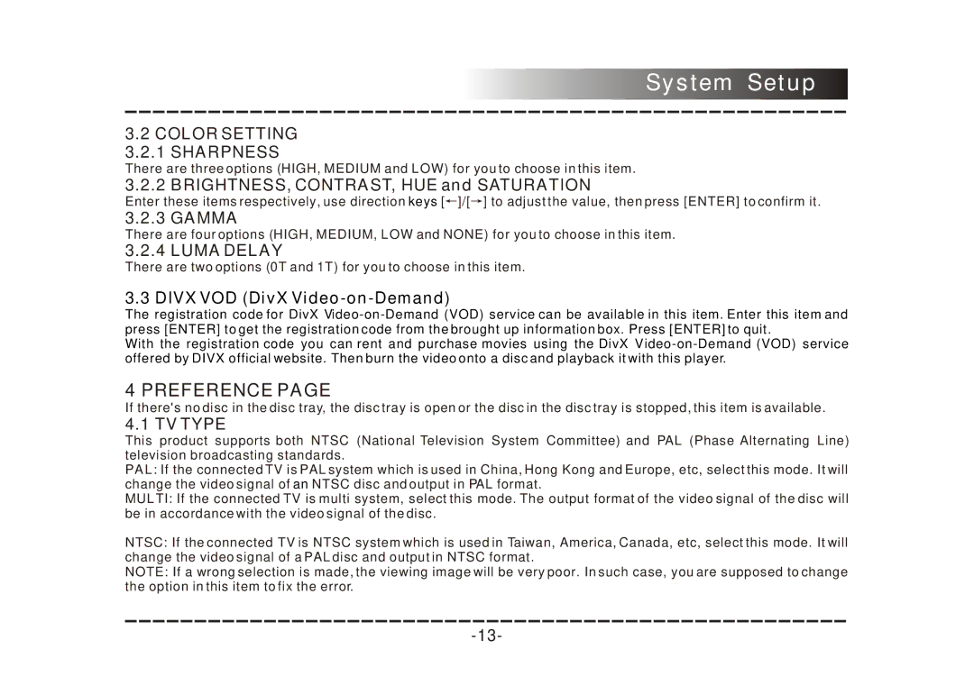 COBY electronic DVD-468 instruction manual Preference, Color Setting 3.2.1 Sharpness, Luma Delay, TV Type 