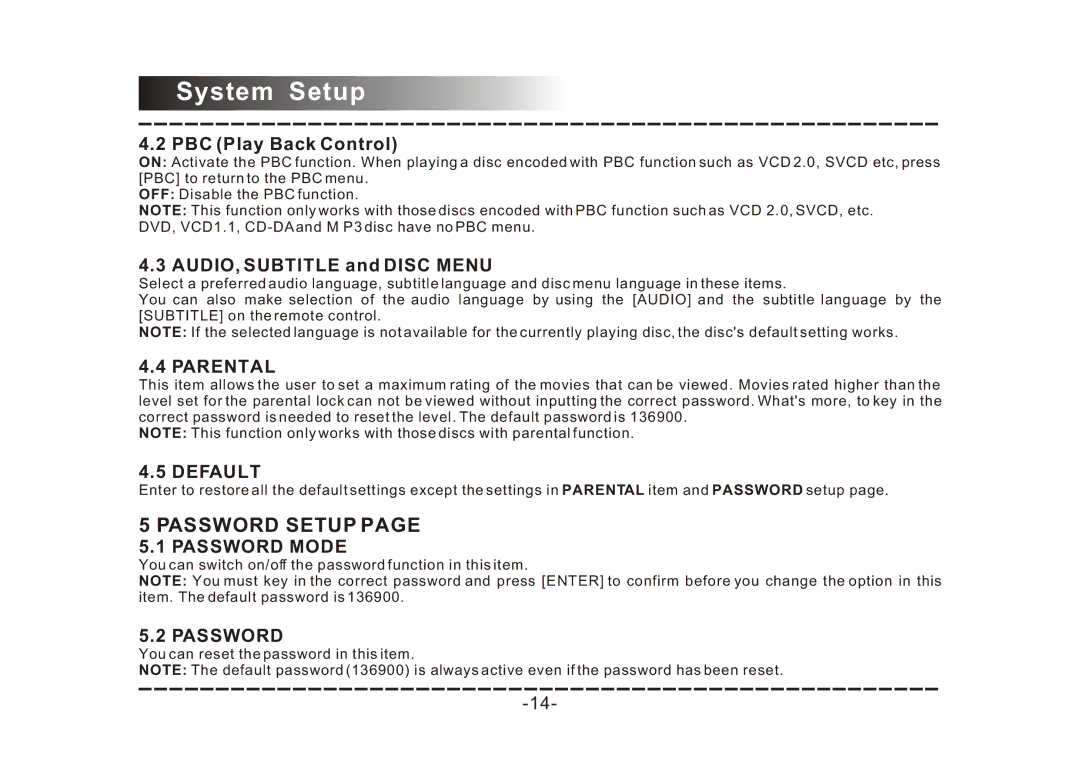 COBY electronic DVD-468 instruction manual Password Setup, Parental, Default, Password Mode 