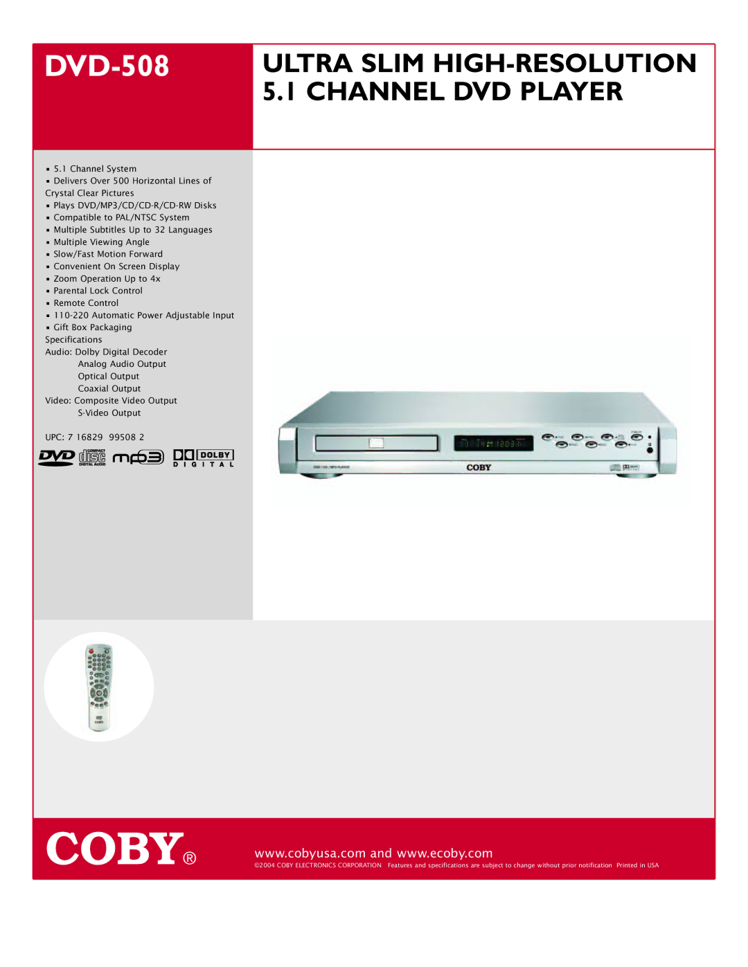 COBY electronic DVD-508 specifications Ultra Slim HIGH-RESOLUTION 5.1 Channel DVD Player 