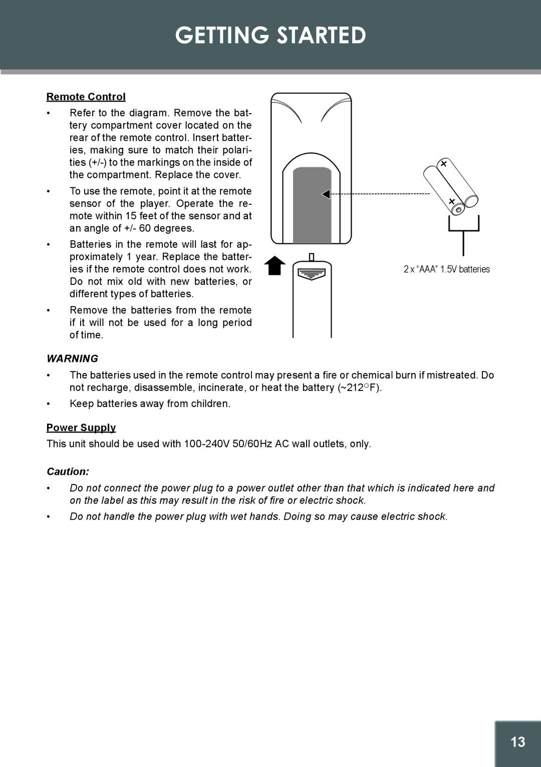 COBY electronic DVD-514 instruction manual Getting Started, Power Supply 