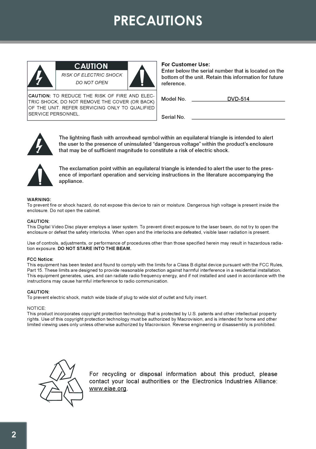 COBY electronic DVD-514 instruction manual Precautions, For Customer Use 