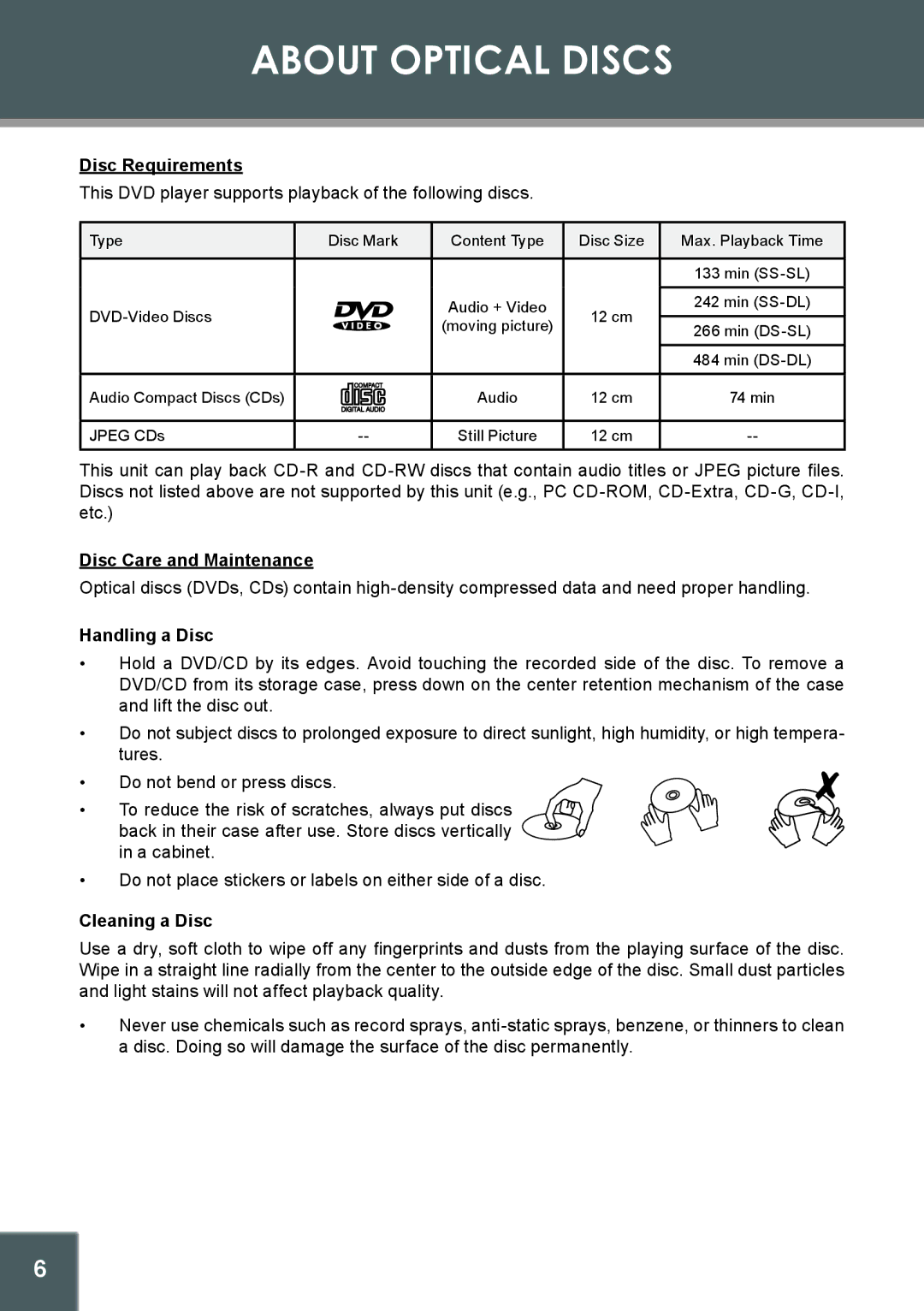 COBY electronic DVD-514 About Optical Discs, Disc Requirements, Disc Care and Maintenance, Handling a Disc 