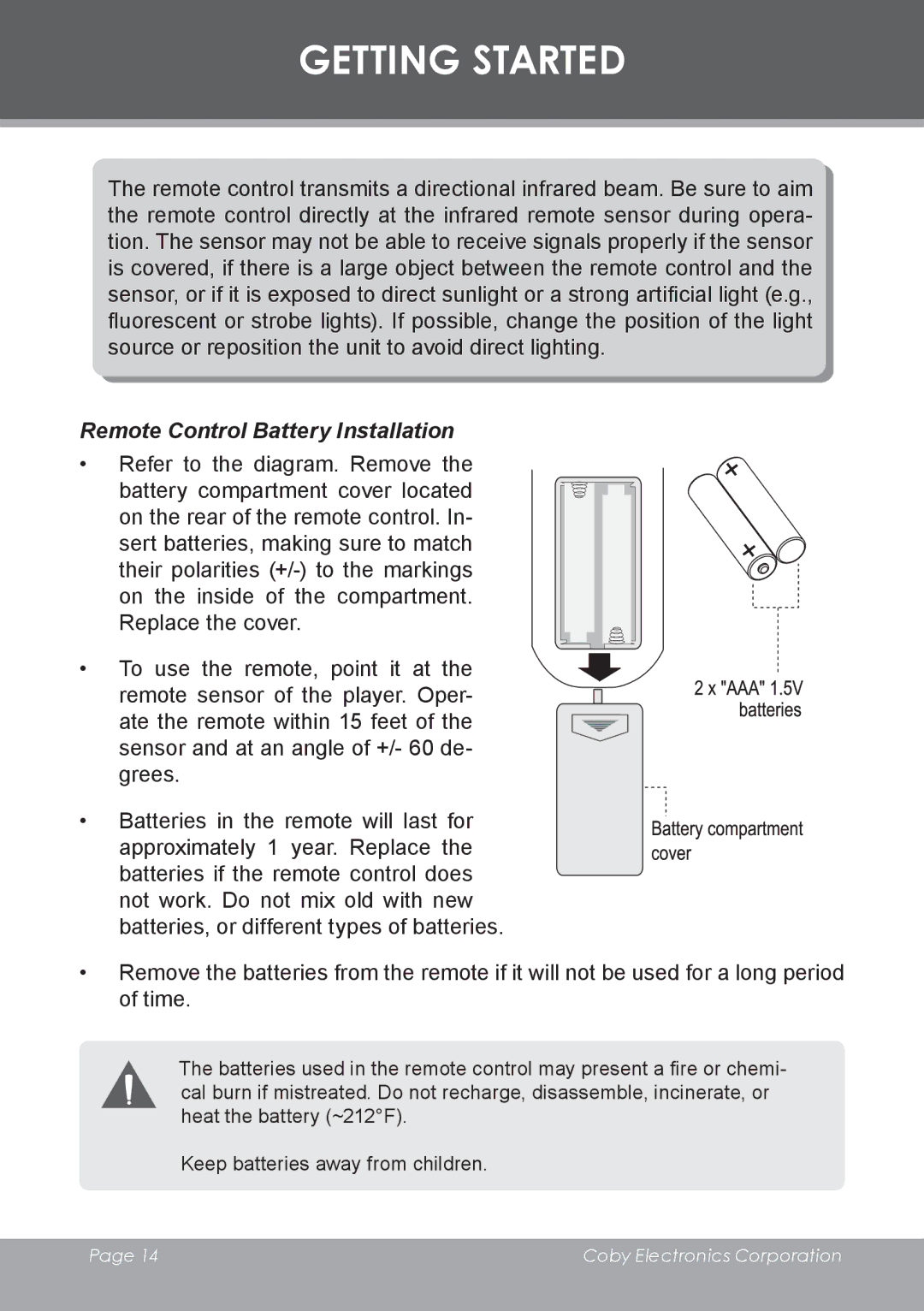 COBY electronic DVD-53 instruction manual Remote Control Battery Installation 