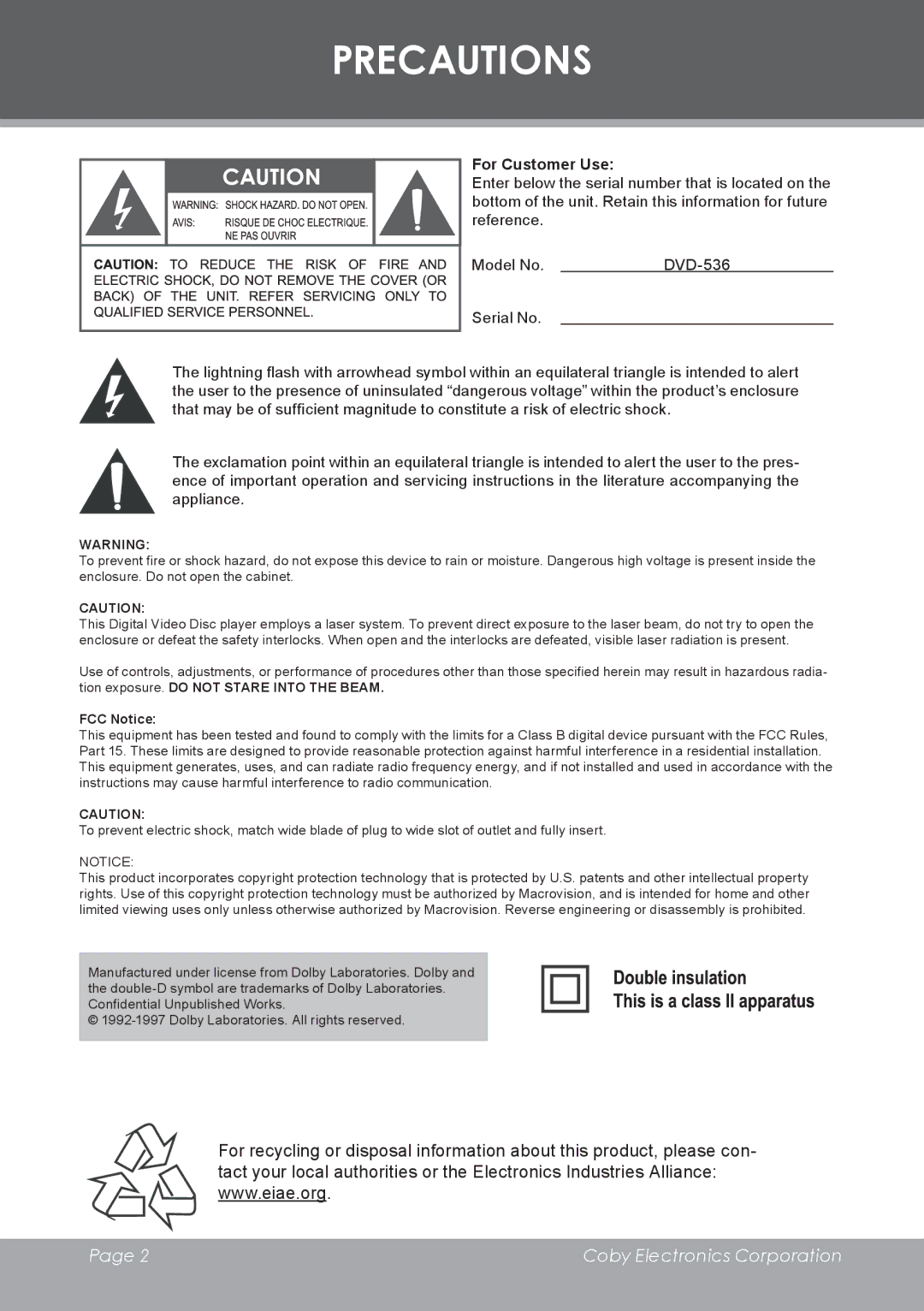 COBY electronic DVD-53 instruction manual Precautions, For Customer Use 