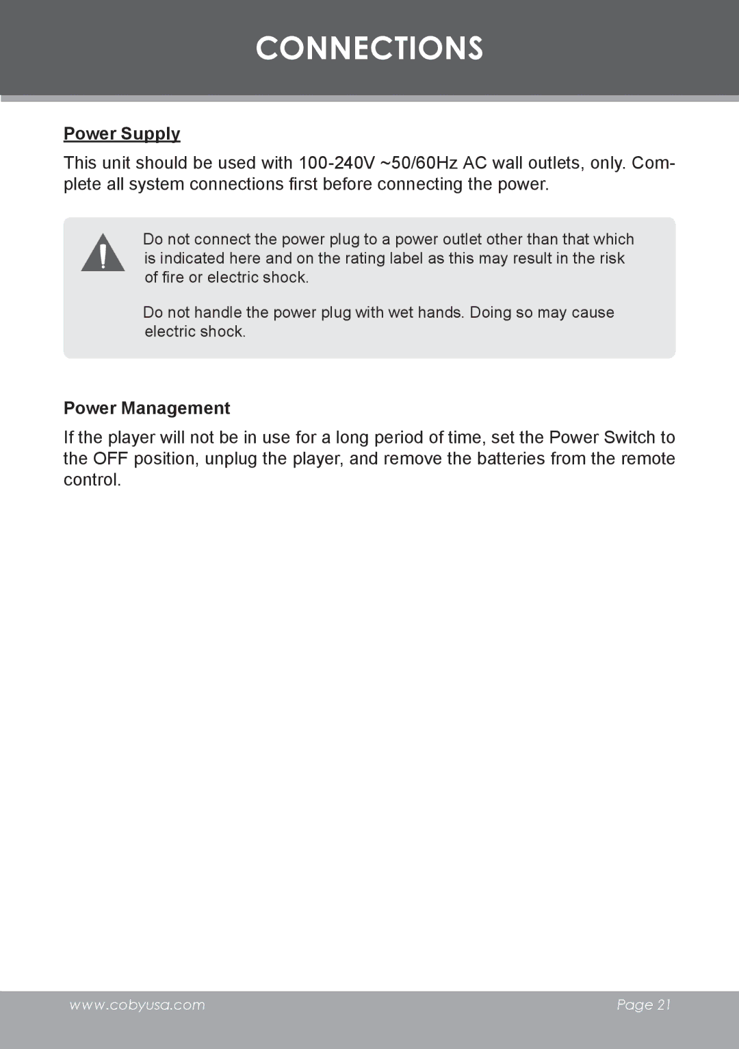 COBY electronic DVD-53 instruction manual Power Supply, Power Management 