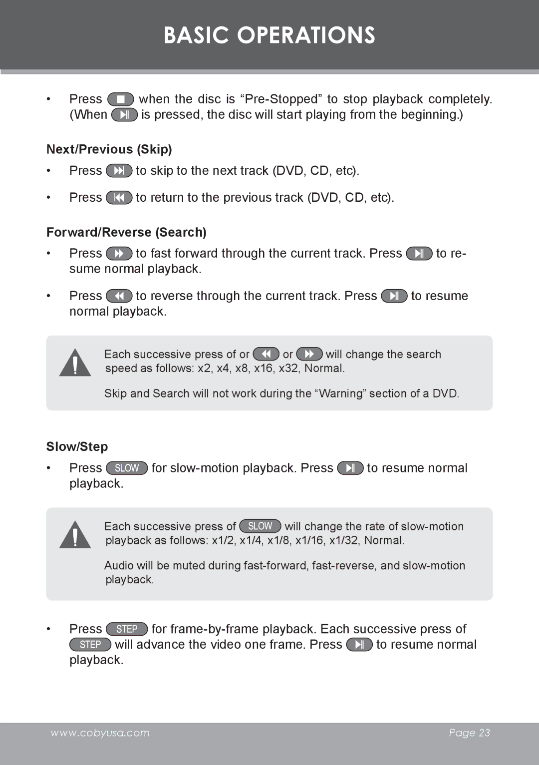 COBY electronic DVD-53 instruction manual Next/Previous Skip, Forward/Reverse Search, Slow/Step 