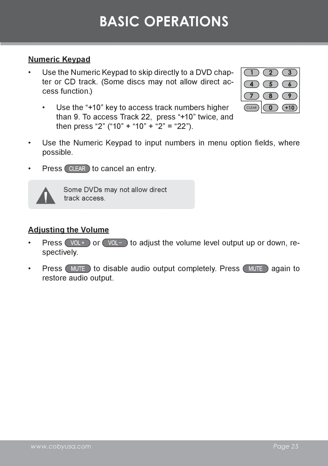 COBY electronic DVD-53 instruction manual Numeric Keypad, Adjusting the Volume 