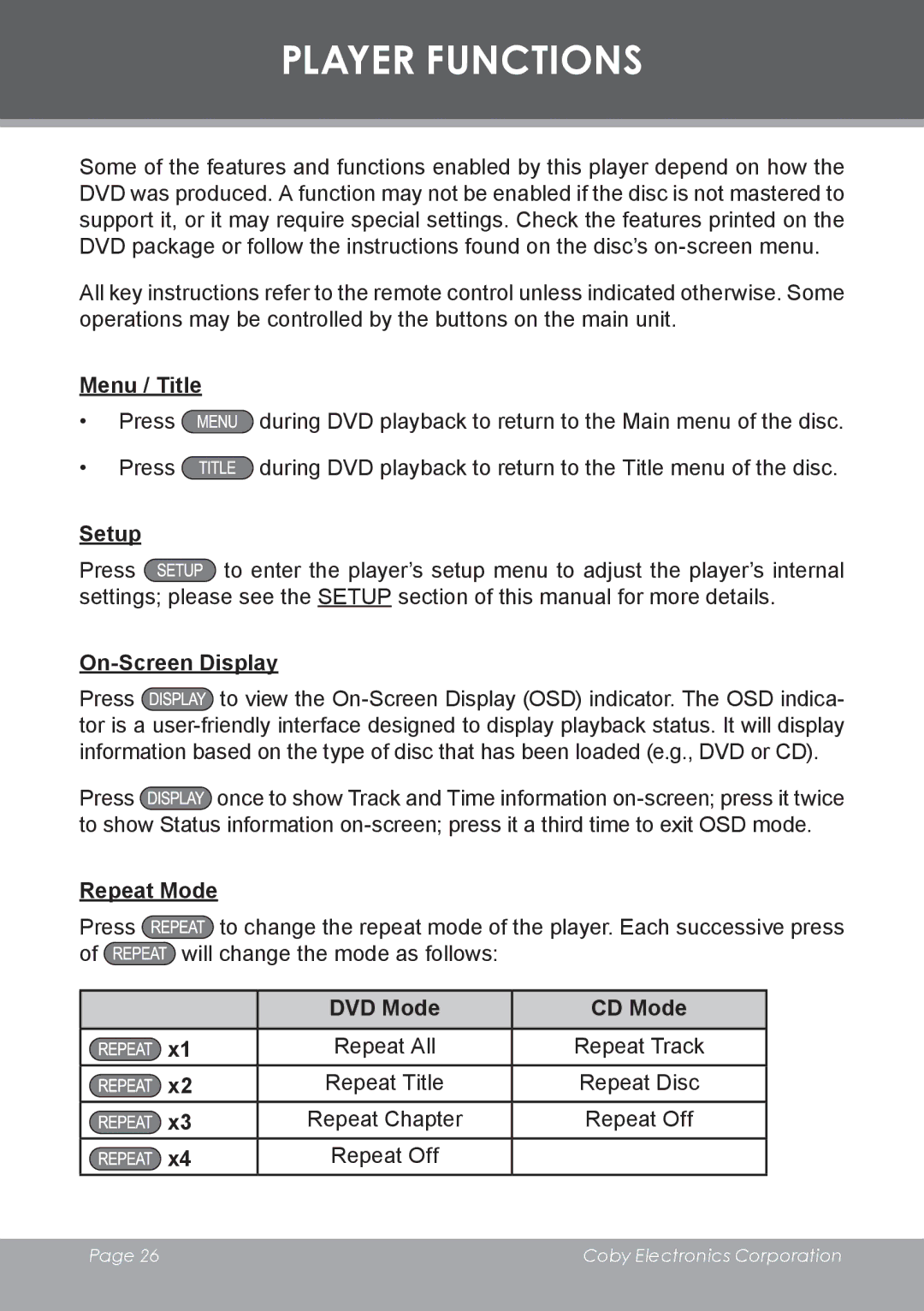 COBY electronic DVD-53 instruction manual Player Functions 