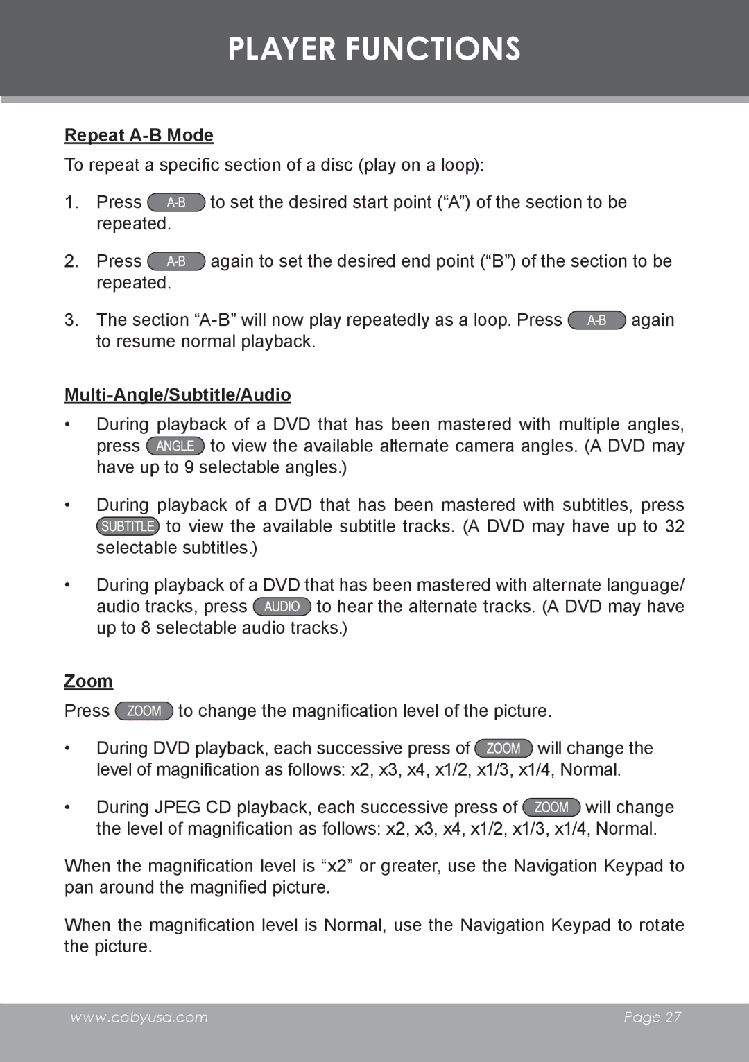 COBY electronic DVD-53 instruction manual Repeat A-B Mode, Multi-Angle/Subtitle/Audio, Zoom 