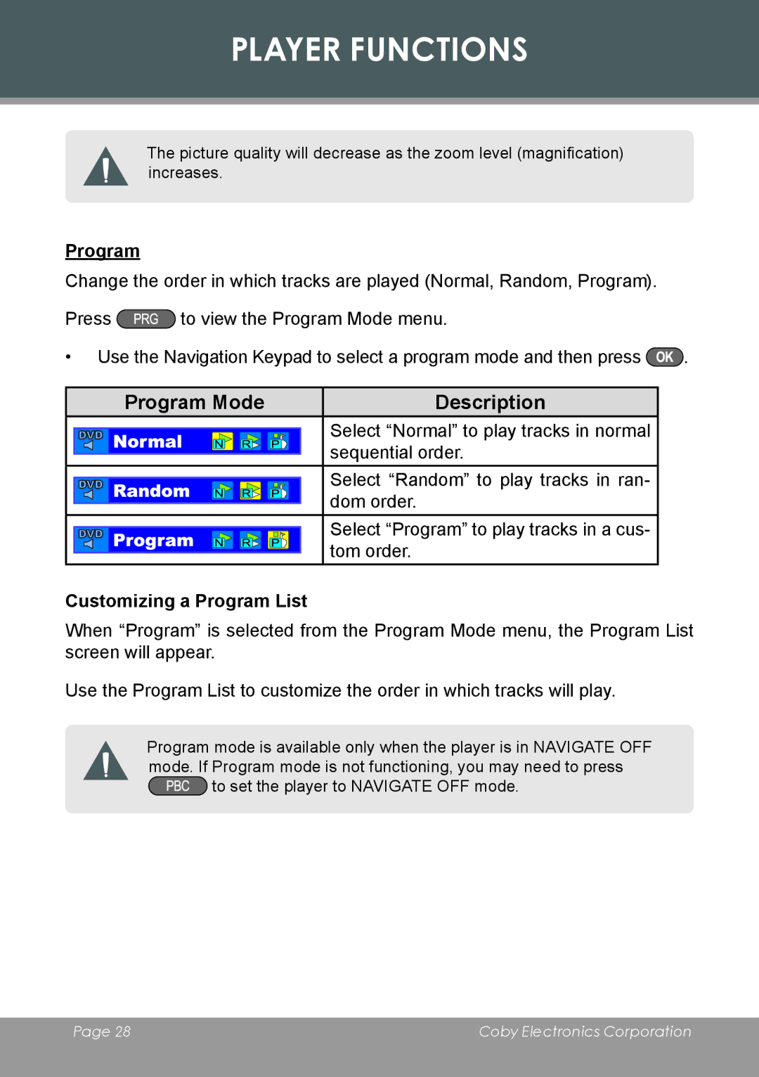 COBY electronic DVD-53 instruction manual Customizing a Program List 