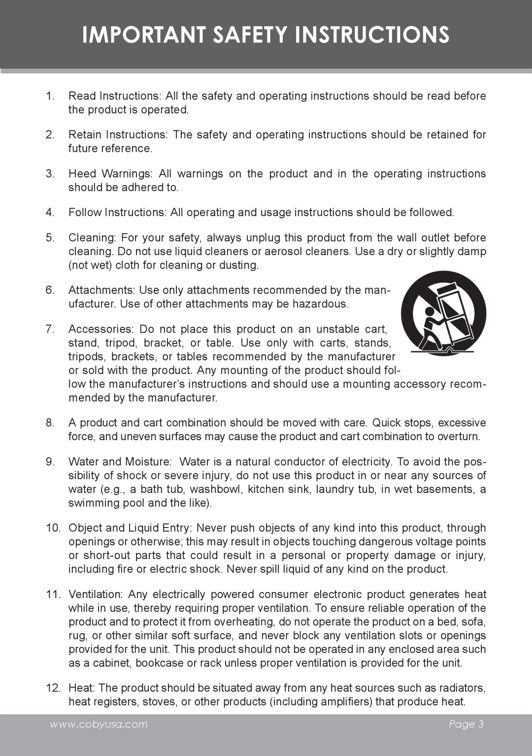 COBY electronic DVD-53 instruction manual Important Safety Instructions 