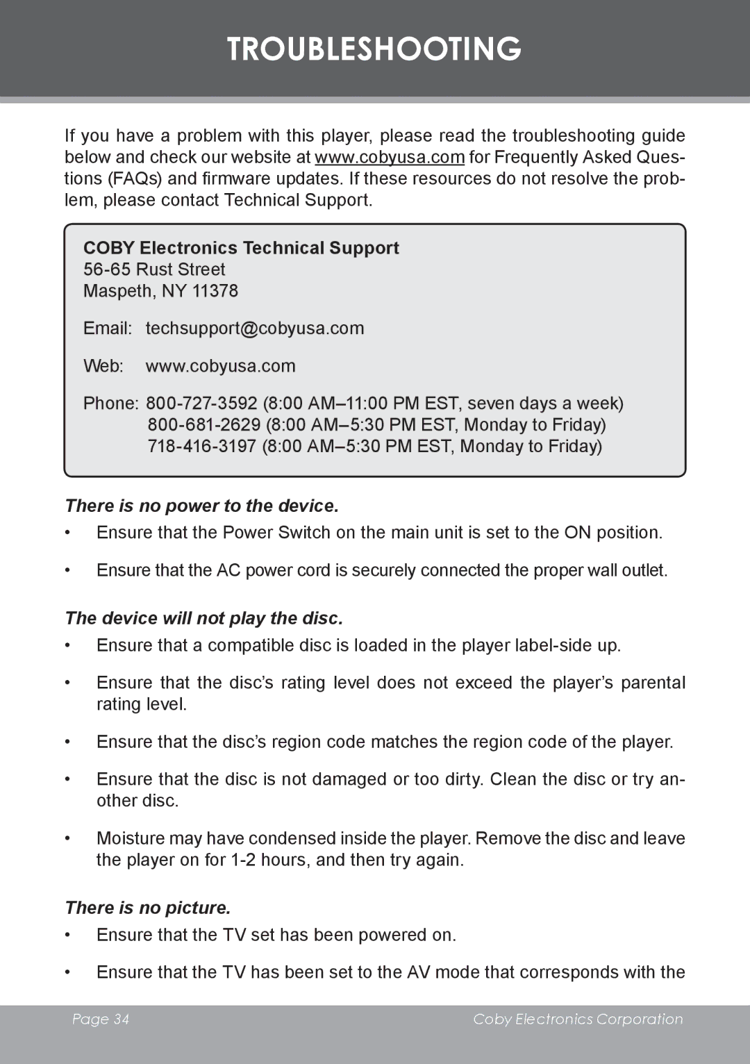 COBY electronic DVD-53 instruction manual Troubleshooting, Coby Electronics Technical Support 