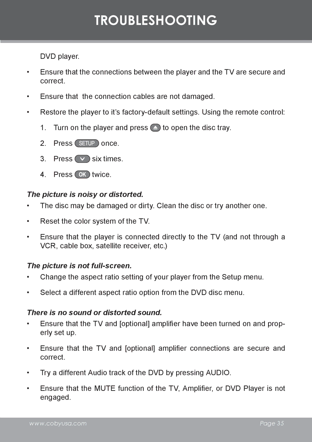 COBY electronic DVD-53 instruction manual Picture is noisy or distorted 