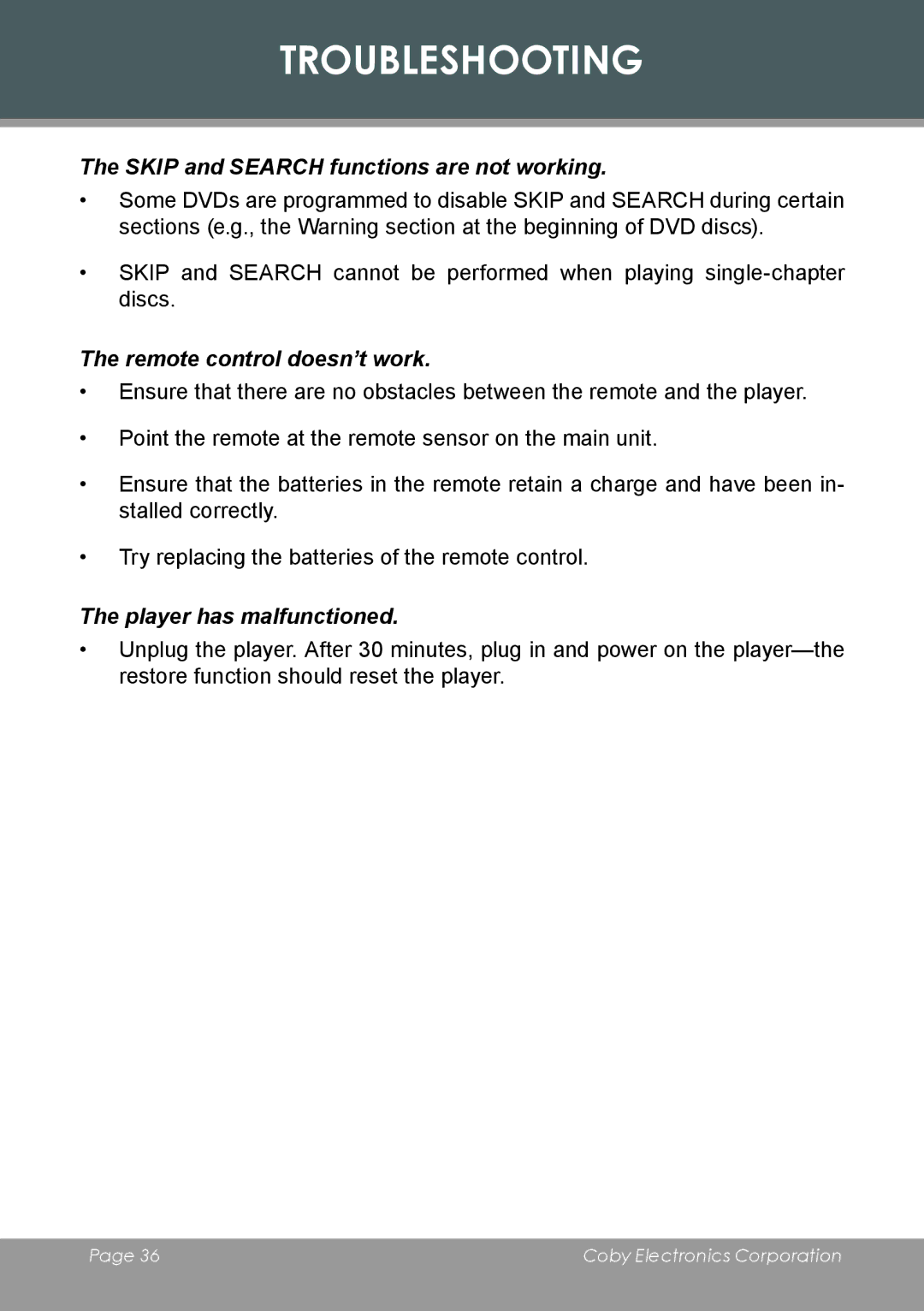 COBY electronic DVD-53 instruction manual Skip and Search functions are not working 