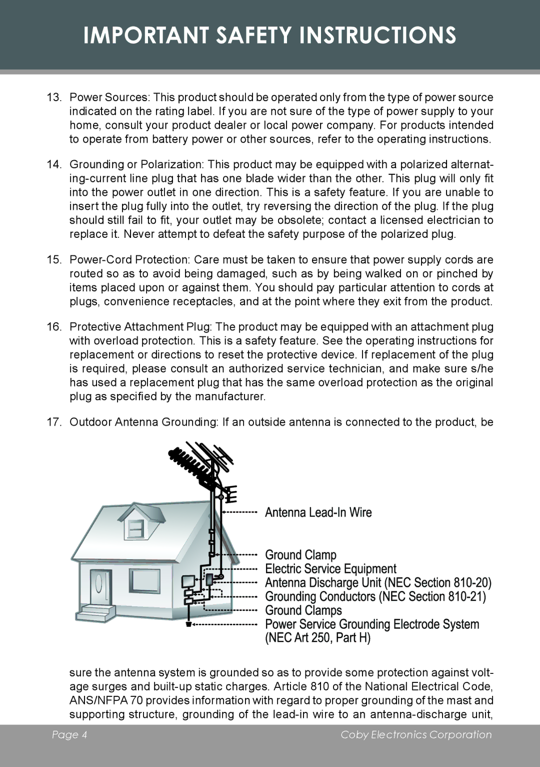 COBY electronic DVD-53 instruction manual Important Safety Instructions 