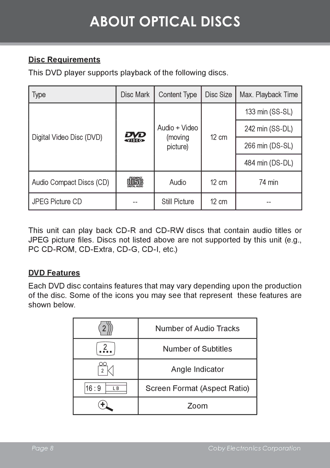 COBY electronic DVD-53 instruction manual About Optical Discs, Disc Requirements, DVD Features 