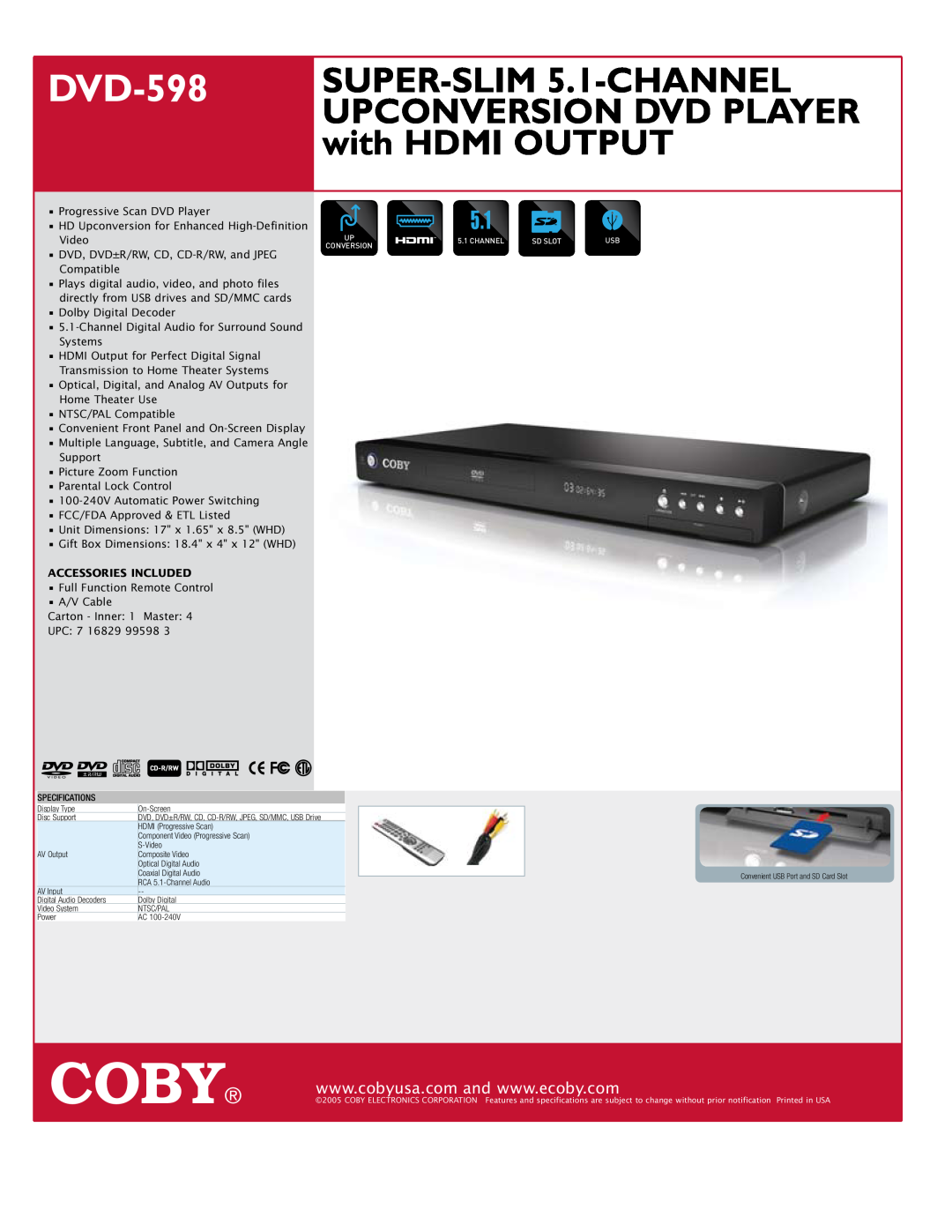 COBY electronic DVD-598 specifications Coby, SUPER-SLIM 5.1-CHANNEL, Upconversion Dvd Player, with HDMI OUTPUT 