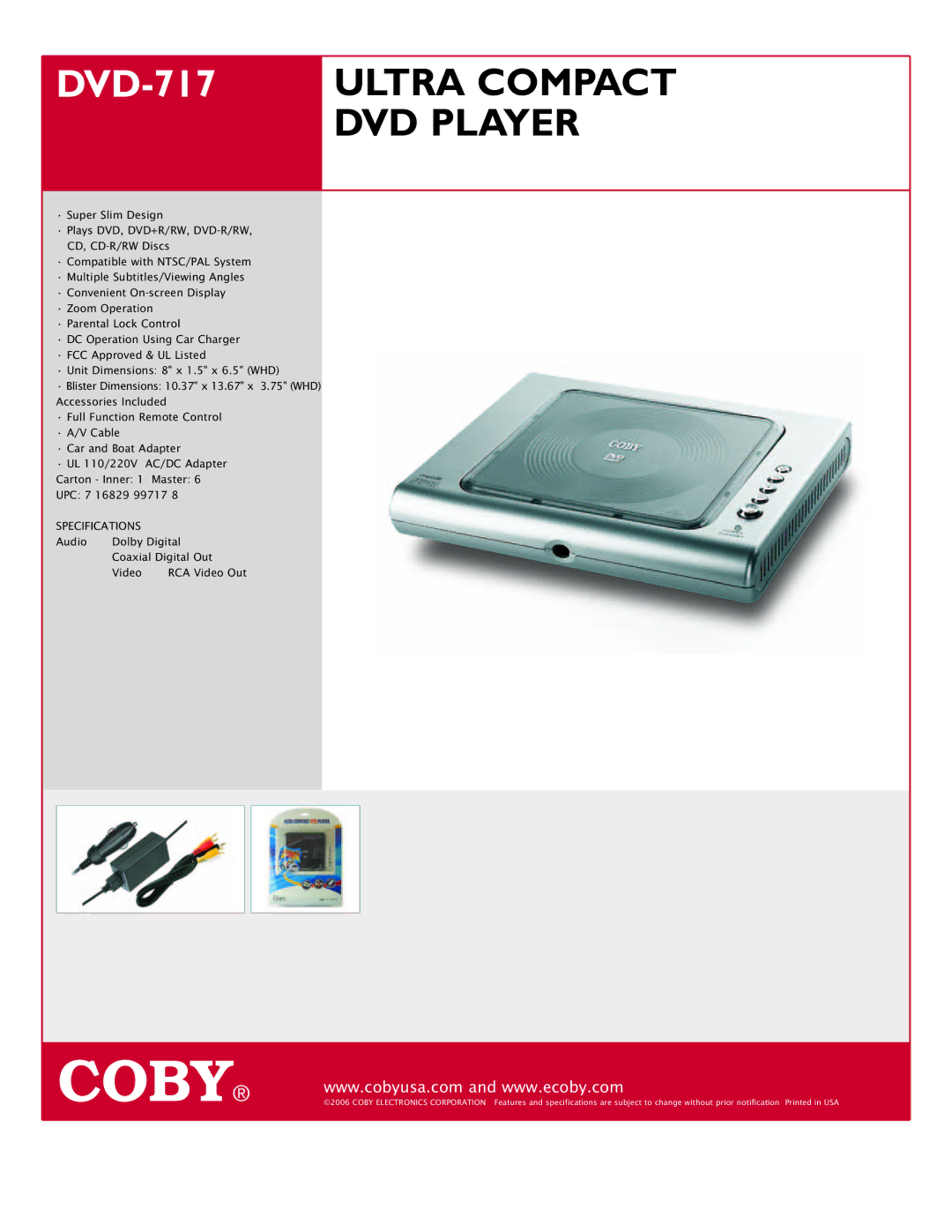 COBY electronic DVD-717 specifications Ultra Compact, DVD Player 