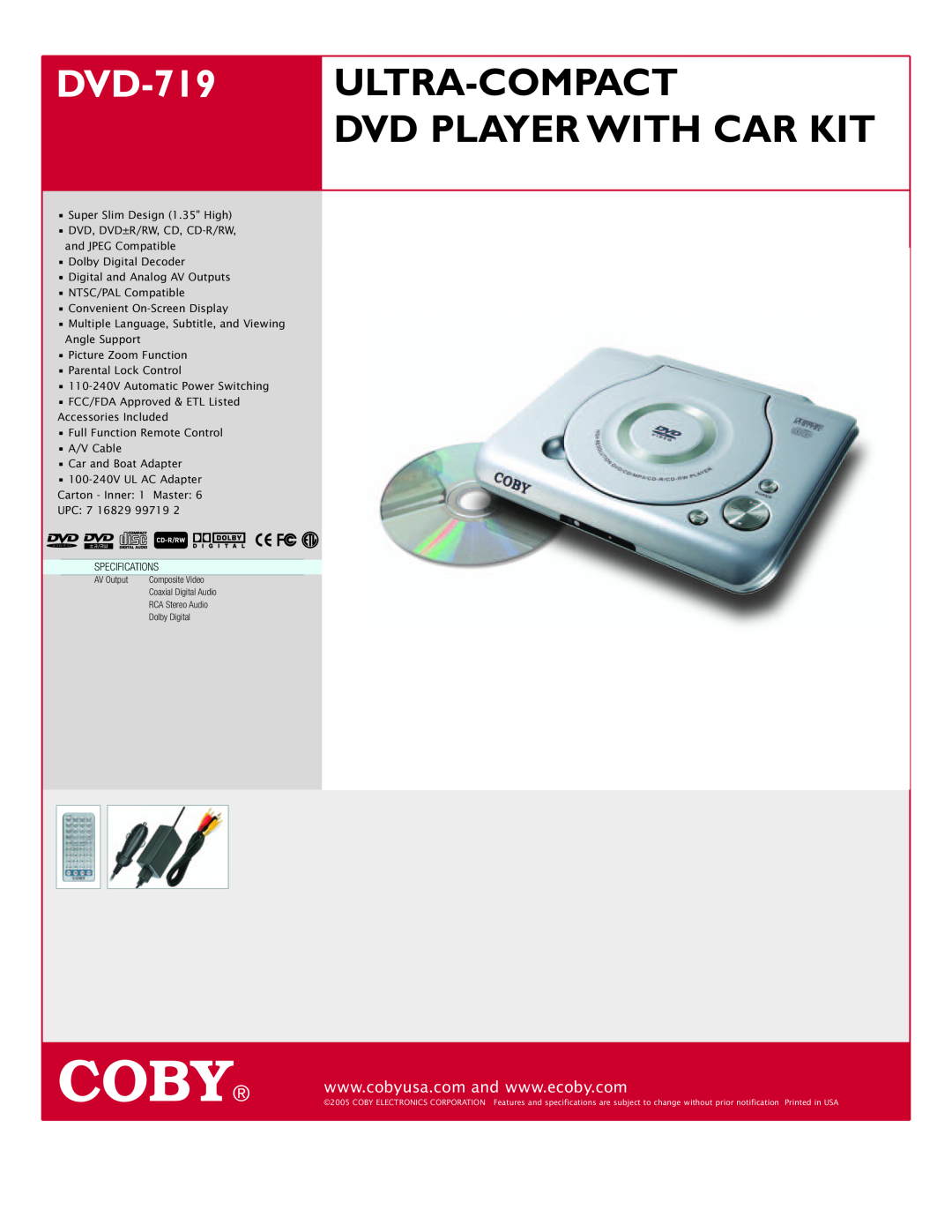 COBY electronic specifications Coby, DVD-719 ULTRA-COMPACT DVD PLAYER WITH CAR KIT 