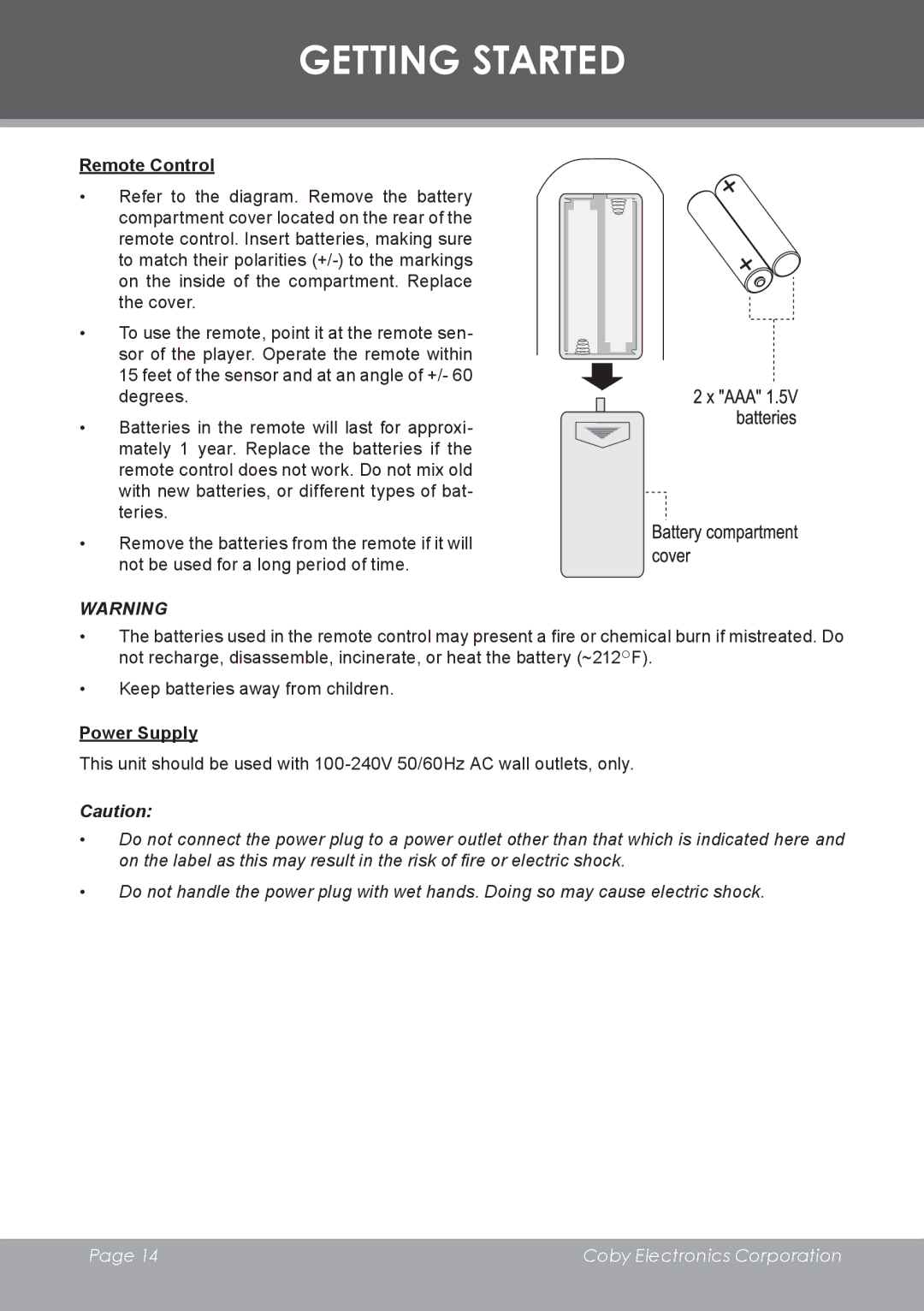 COBY electronic DVD-755 instruction manual Getting Started, Power Supply 