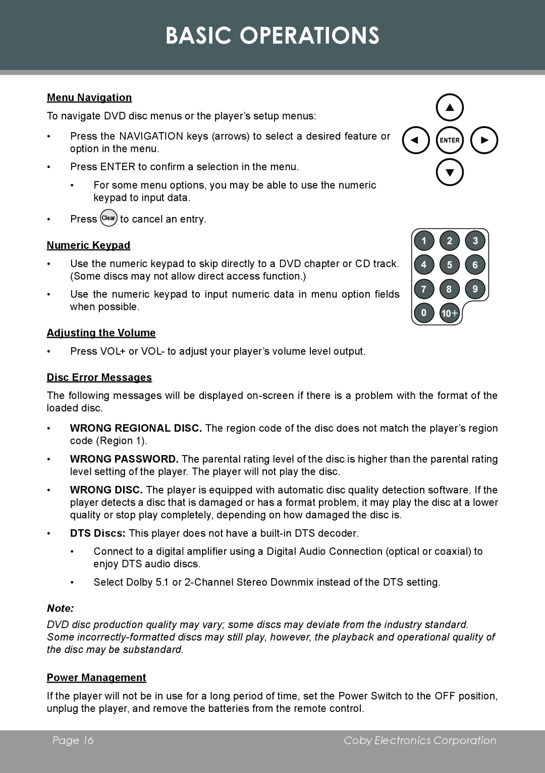 COBY electronic DVD-755 Menu Navigation, Numeric Keypad, Adjusting the Volume, Disc Error Messages, Power Management 