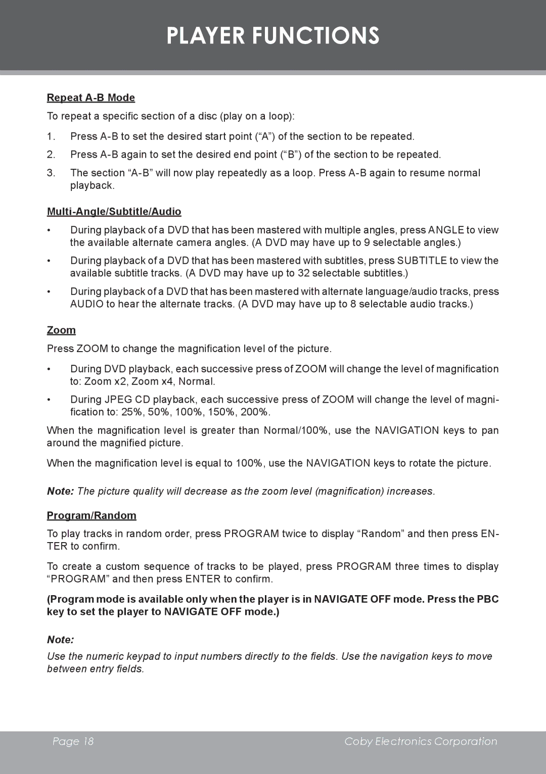 COBY electronic DVD-755 instruction manual Repeat A-B Mode, Multi-Angle/Subtitle/Audio, Zoom, Program/Random 