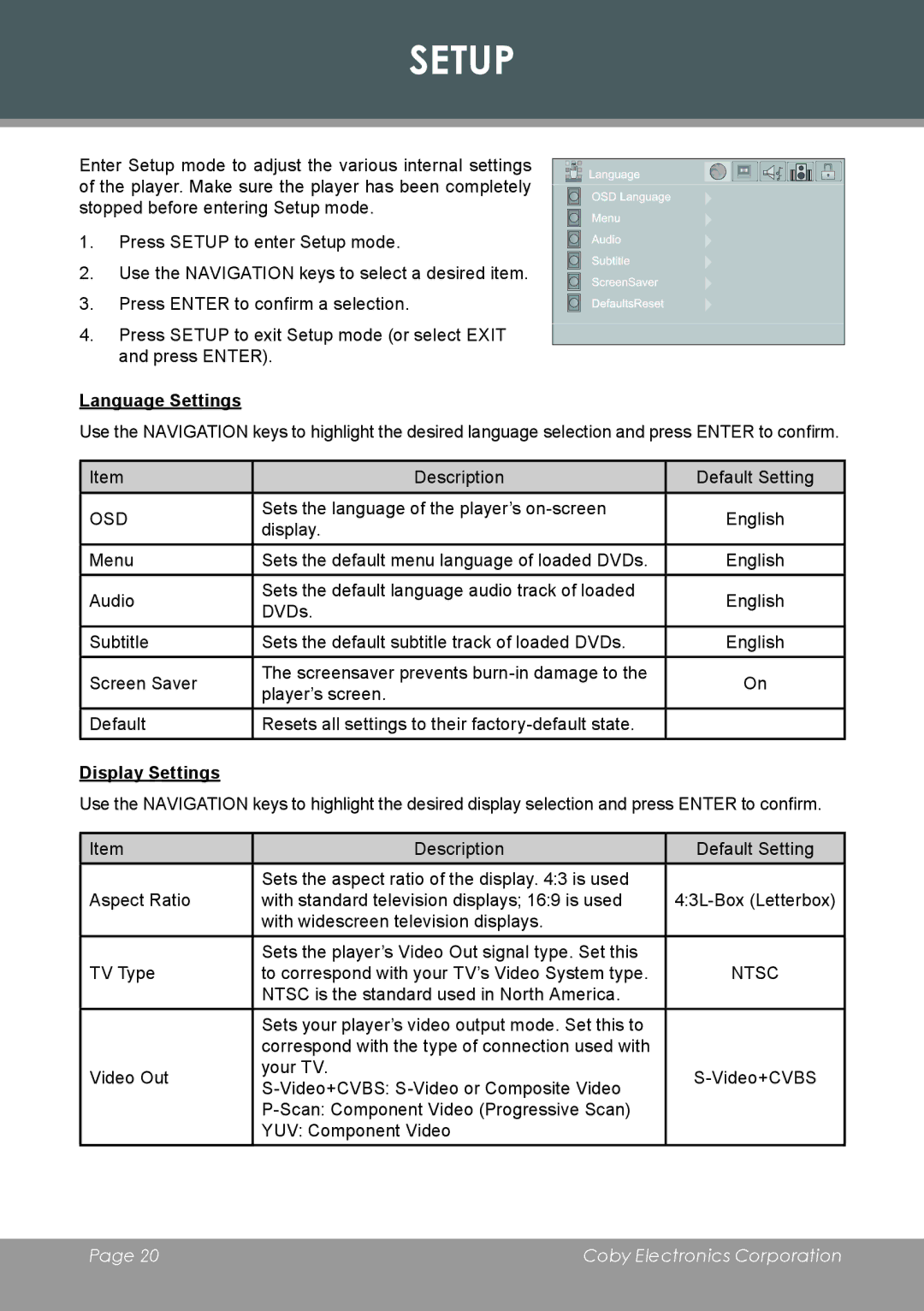 COBY electronic DVD-755 instruction manual Setup, Language Settings, Display Settings 